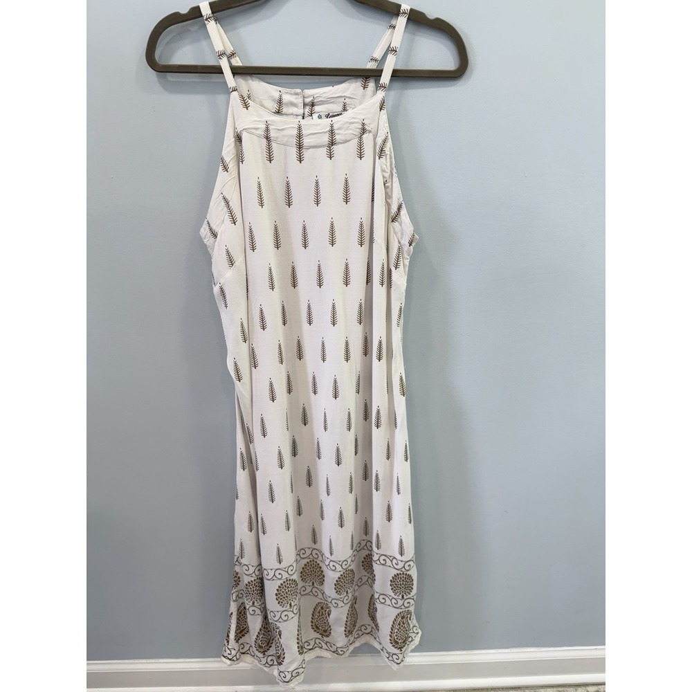 Lapogee Boho Paisley Midi Dress L Lined Cream Brown Rayon Sleeveless Summer